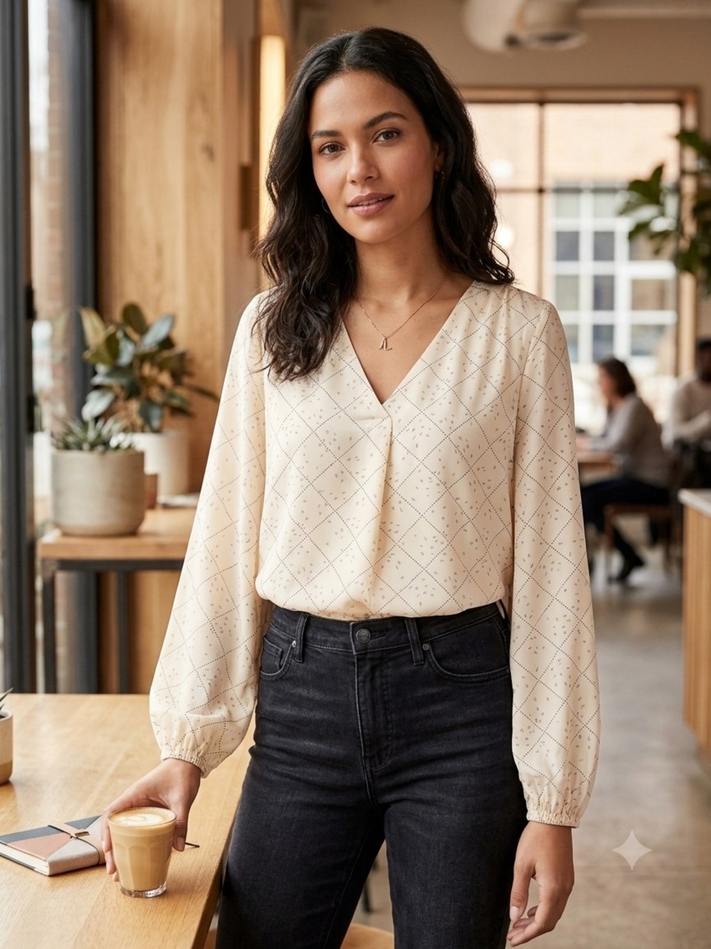 LOFT Cream Printed V-Neck Long Sleeve Blouse